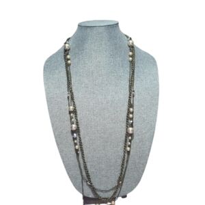 Retro Style Long Necklace Brass Chain Cream Faux Pearl Amber & Silver-Tone Beads